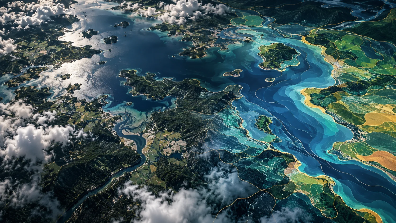 Conceptual coastal Earth observation imagery transitioning into interpreted spectral regions